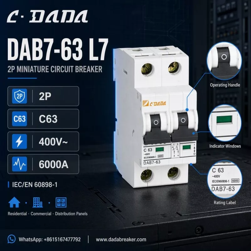 DAB7-63 L7 2P MCB - वितरण प्यानलहरूको लागि स्पष्ट, कम्प्याक्ट संरक्षण